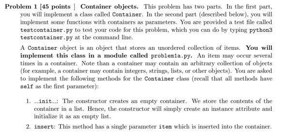 program to implement container objects in python 1